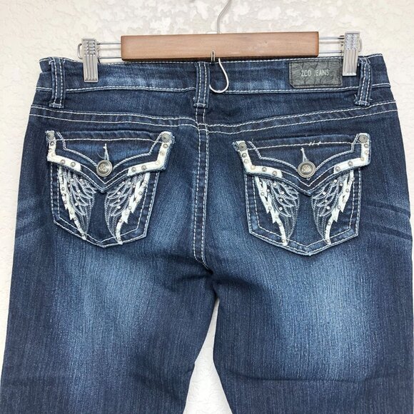 ZCO Capri Jeans Women 9  Angel Wing Stud Denim Low Rise Dark Wash - Picture 4 of 6